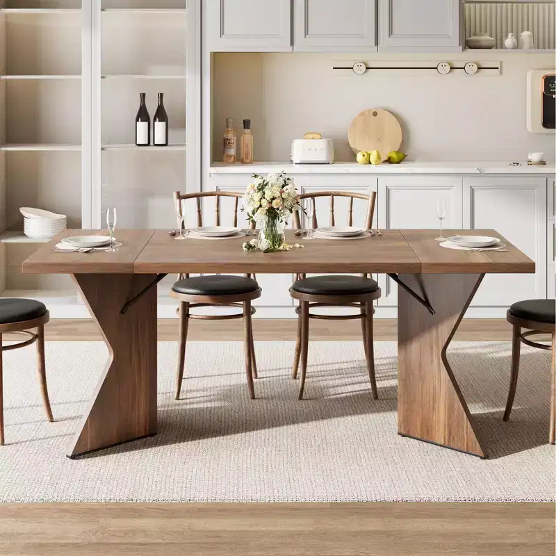6-Person Rectangular Dining Table with C-Shape Legs, Retro Farmhouse Style