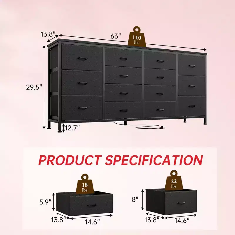 Modern Accent 63 W Dresser, TV Stand for 65/70/75 Inch TV, 14 Drawer Cabinet for Bedroom, Large Long Fabric Dresser Entertainment Center