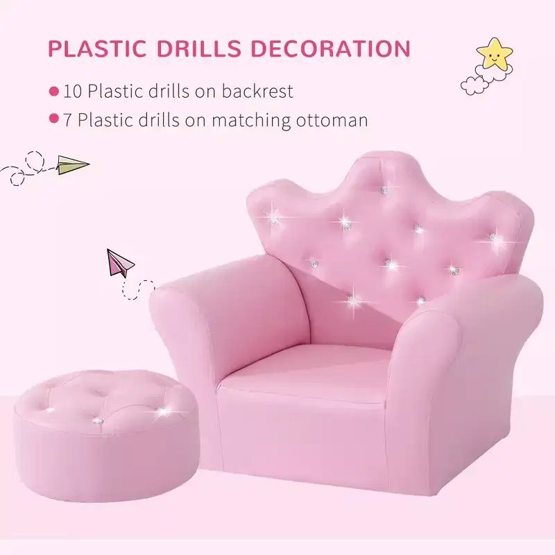 Kids Princess Sofa Chair with Crown Backrest and Matching Footstool Pink