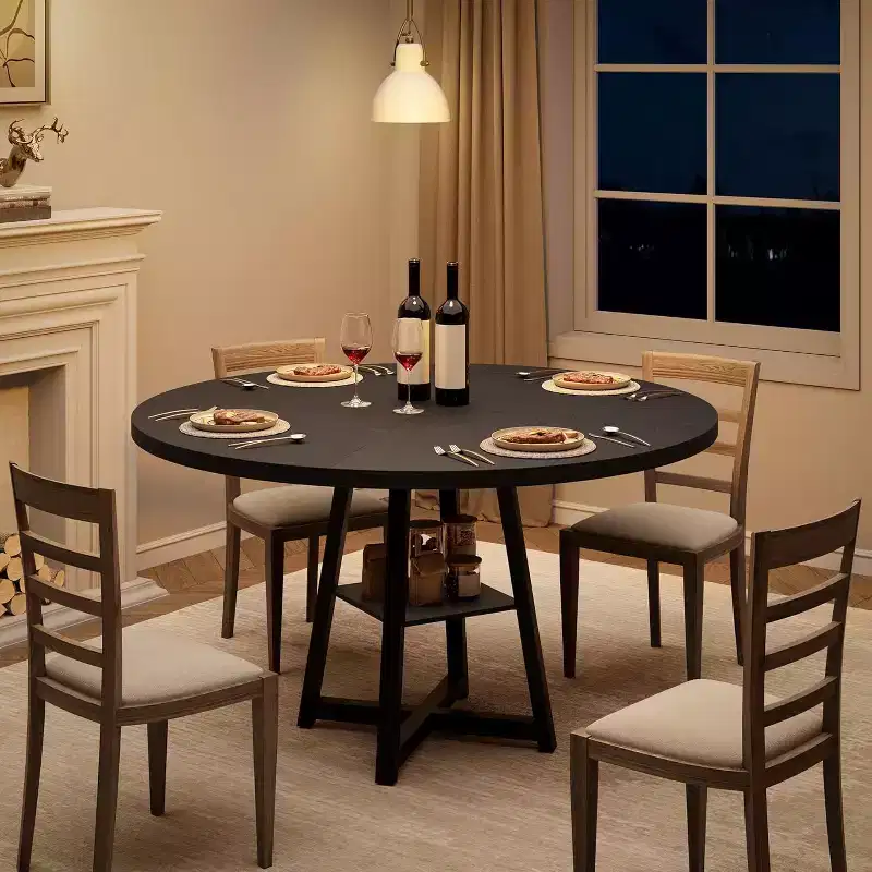 47 Inch Round Dining Table Kitchen Table with Storage Shelf and Wooden Top,Dinner Table for 4, Farmhouse Circle Tables for Dining/Living Room, Kitchen