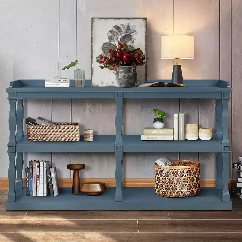 Okak Entry Table with 3-Tier Open Storage Spaces, Console Table with Roman Column Effect Support Legs, Narrow Console Table for Hallway
