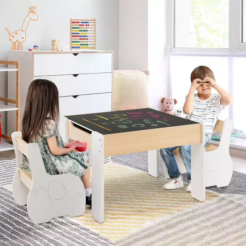 Costway 4-in-1 Kids Wooden Table & 2 Chairs Set w/ Storage Detachable Blackboard Drawing