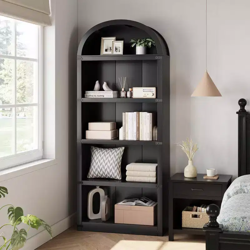 GustoWave 5 Shelf Arched Bookshelf ,71.65in Tall Bookcase,Farmhouse Display Storage Rack,Black