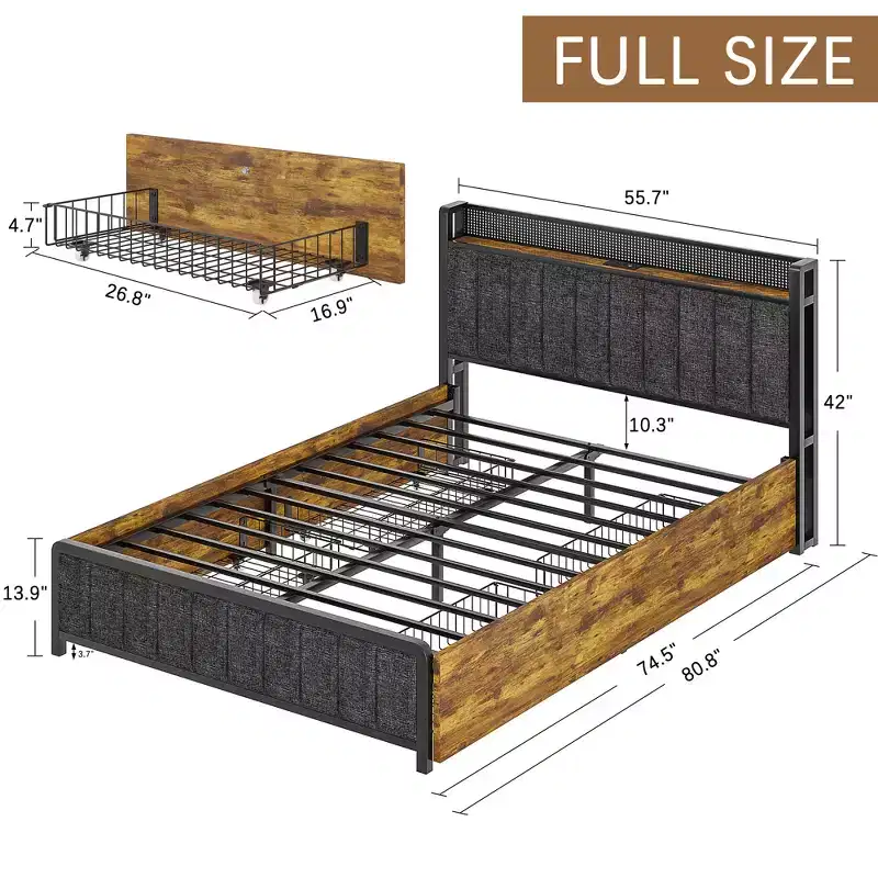 VECELO Full/Queen Size Upholstered Lift Up Storage Bed, Metal Frame Platform Bed with Lighted Headboard, USB Ports and Shelves, Brown/Gray