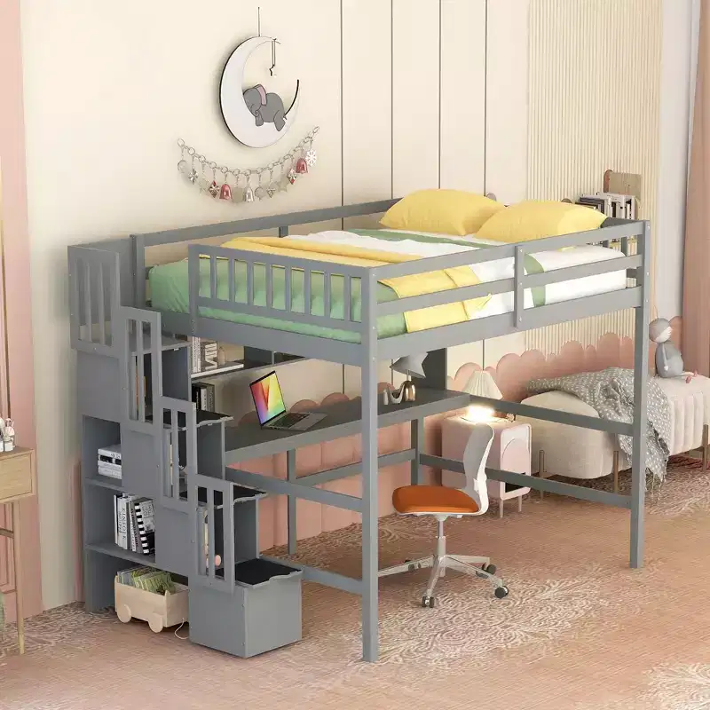 Full Loft Bed with Desk, Storage Shelves & Staircase