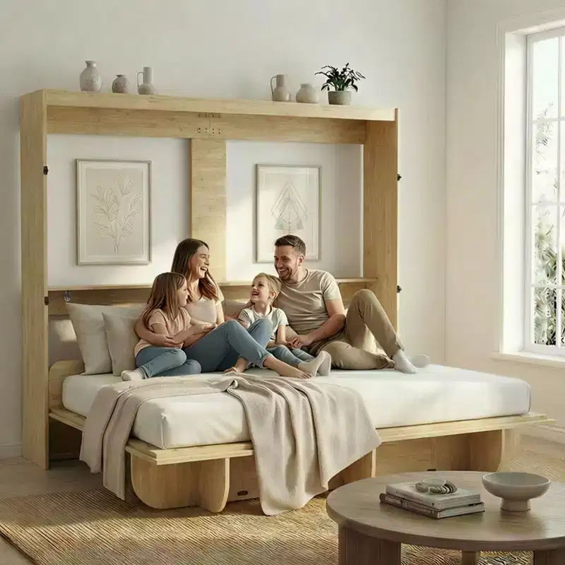2-in-1 Invisible Murphy Bed with Shelf Storage, Queen Size, Natural Wood (Mattress Not Included)