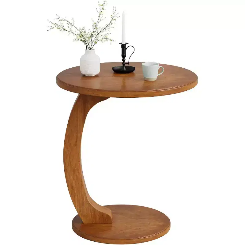 Lantine Round Side Table, Wooden C-Shaped End Table, Mid-Century Couch Side Table, Small Boho Side Table for Living Room, Bedroom