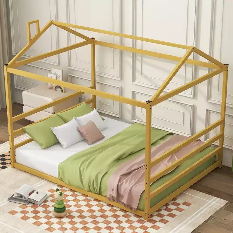 Metal Queen Size Floor Bed for Kids,Montessori Floor Bed with Roof,House Bed Frame Queen for Boys Girls, Gold
