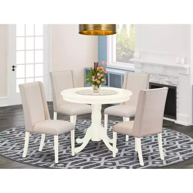 HomeStock 5-Piece Round Linen White Finish Solid Wood Top Dining Table with 4 Parson Chair