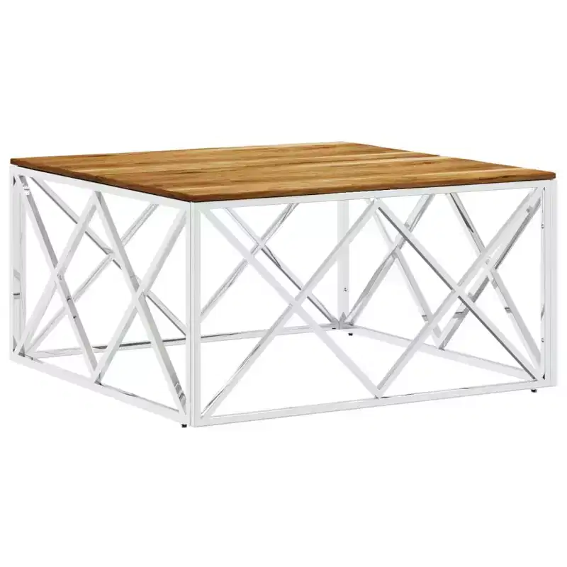vidaXL Coffee Table Accent Side End Table for Living Room Stainless Steel - Silver and Light Brown Wood