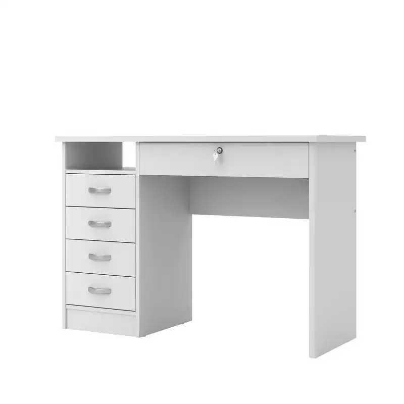 Writing Desk with 5 Drawers White Foil Finish Lockable Drawer Metal Glides Home Office