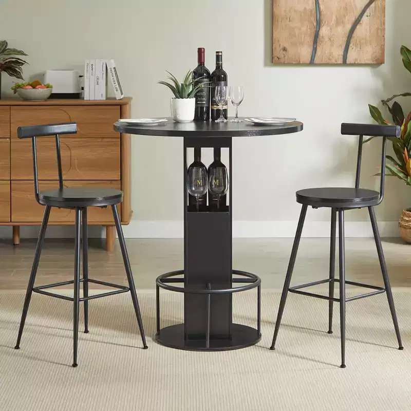 GDFStudio Yuna Modern Wooden 3 Piece Round Bar Table and Stools Set with Metal Ring Footrest