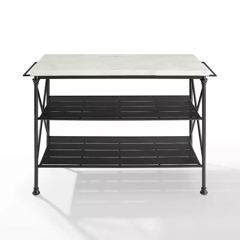 French Industrial Kitchen Island with Steel Base and Open Shelves