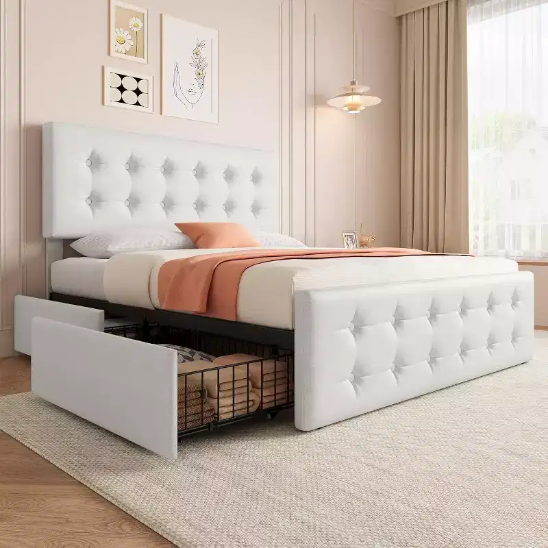 Storage Bed Frame with 4 Drawers & Adjustable Headboard - Upholstered Platform Bed