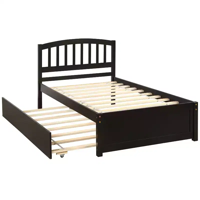 Twin Size Platform Bed with Trundle, Wood Twin Bed Frame with Headboard for Bedroom