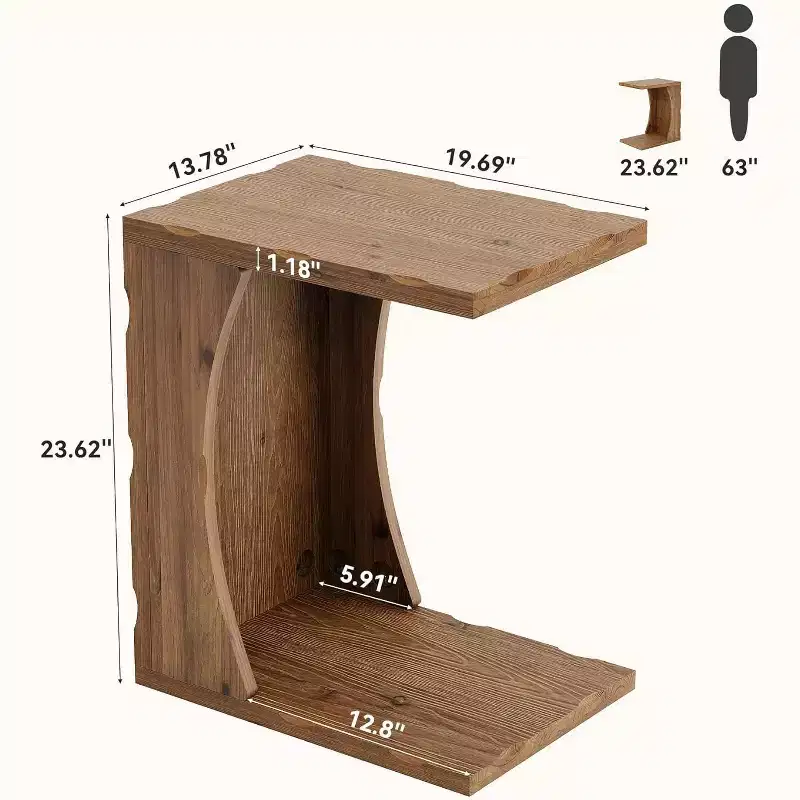 C-Shaped End Table with Storage Shelf, Solid Wood, Rustic Brown, Easy Assembly