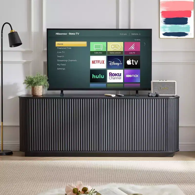 64 Wave Pattern Sideboard Cabinet, Wooden TV Stand & Storage Buffet with Vertical Stripes for Living Room, Kitchen & Entryway, Black