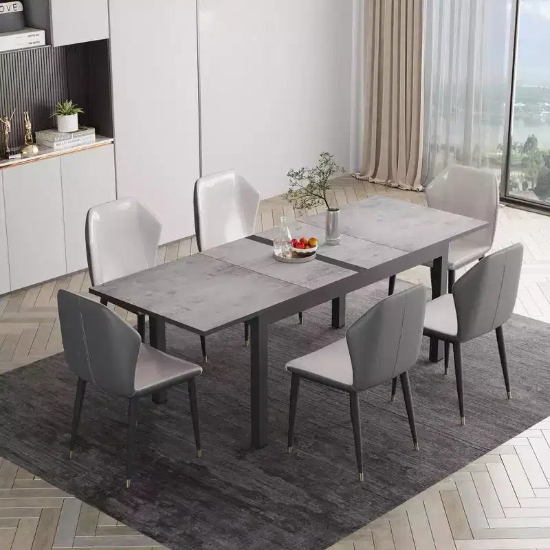 Heynemo Patio Expandable Table Dining Set for 4 to 10, Aluminum Outdoor Dining Table, Rectangular Patio Metal Table with Umbrella Hole, Grey
