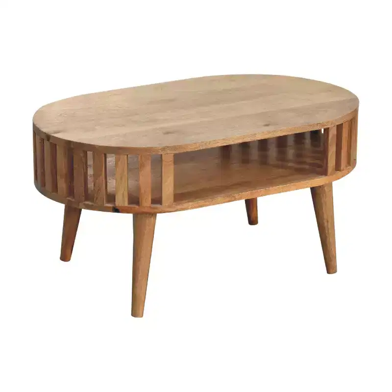 Solid Oak Wood Coffee Table - Natural Grain, 4-Leg Base