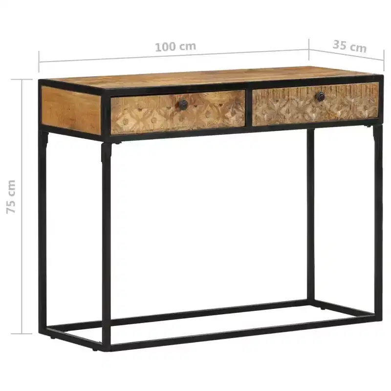 Solid Mango Wood Console Table with Carved Drawers & Steel Frame, 39.4