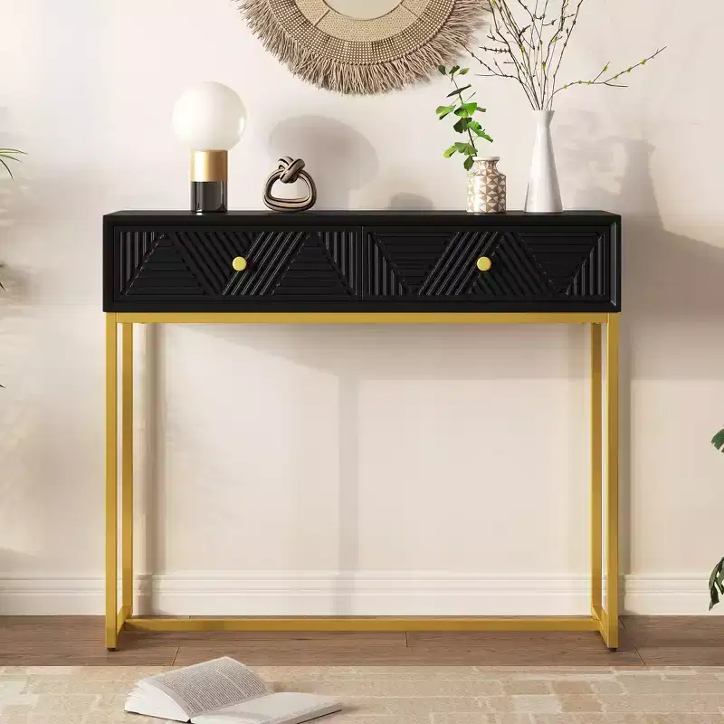 MAYEERTY Modern Narrow Console Table with Storage 2 Drawers Stripe Design for Living Room Hallway Black