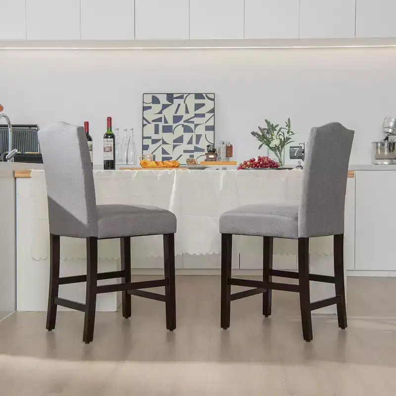 Costway Set of 2 Fabric Barstools Nail Head Trim Counter Height Dining Side Chairs Grey/Beige