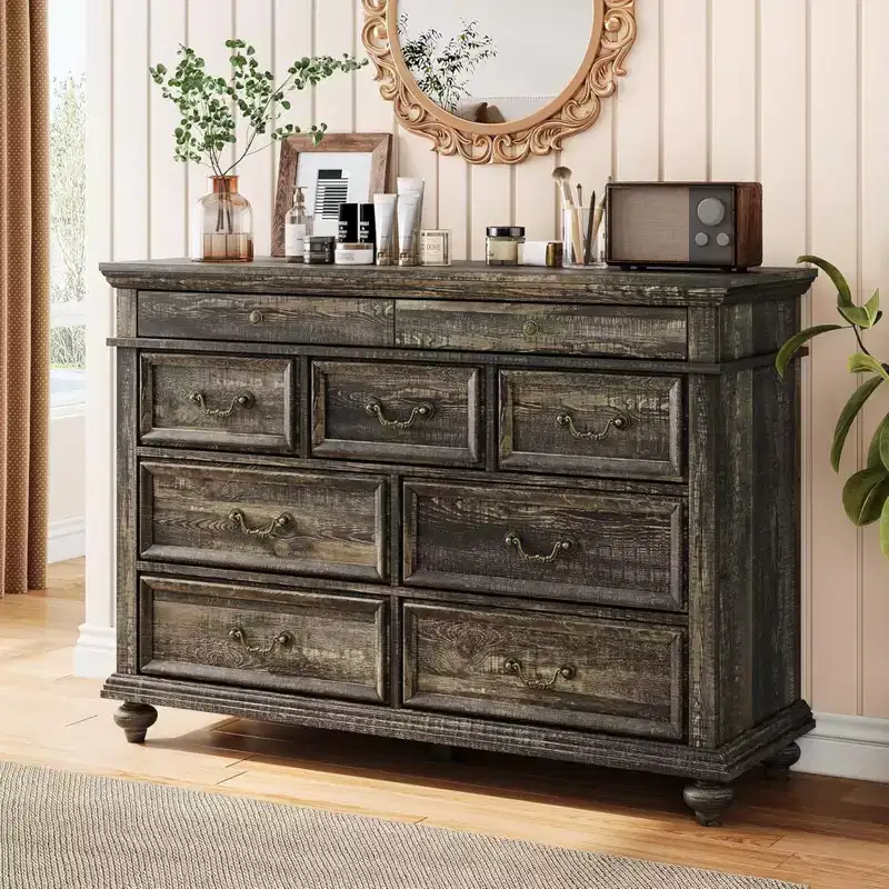 GustoWave Wooden Dresser, 9 Drawer Dresser with Large Storage Unit & Vintage Metal Handles for Bedroom, Living Room, Entrance