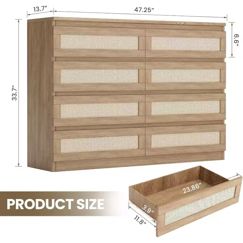 8-Drawer Rattan Double Dresser, Modern Wooden Storage Chest for Bedroom, Nursery, Closet, Living Room, and Entryway