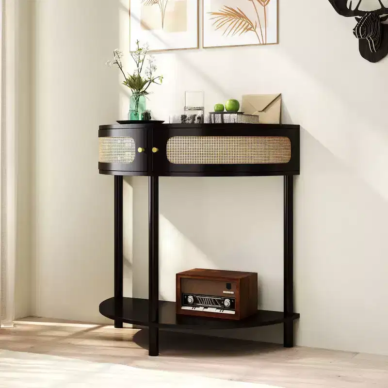 Zeus & Ruta Elegant Semi-Circle End Table with 2 Rattan Cabinets and Bottom Shelf for Living Room, Bedroom, Hallway