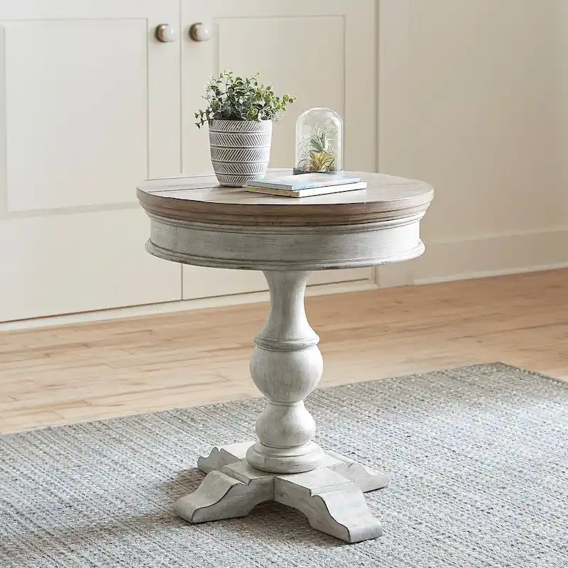 Round Pedestal Chair Side Table – Antique White Finish
