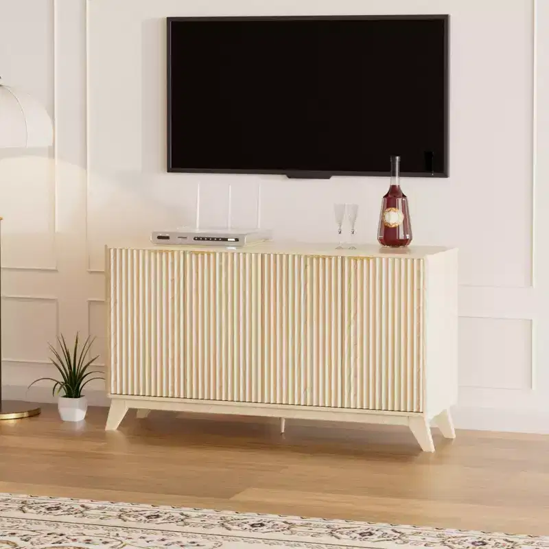 Fluted Sideboard Buffet Cabinet with Storage, 4 Doors & Adjustable Shelves, Natural Oak