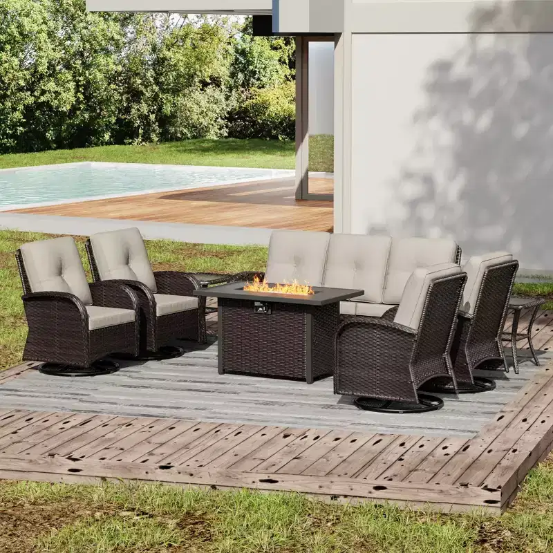 UPTIOT Outdoor Patio Set with Fire Pit, Sofa, Swivel Chairs, and Side Tables