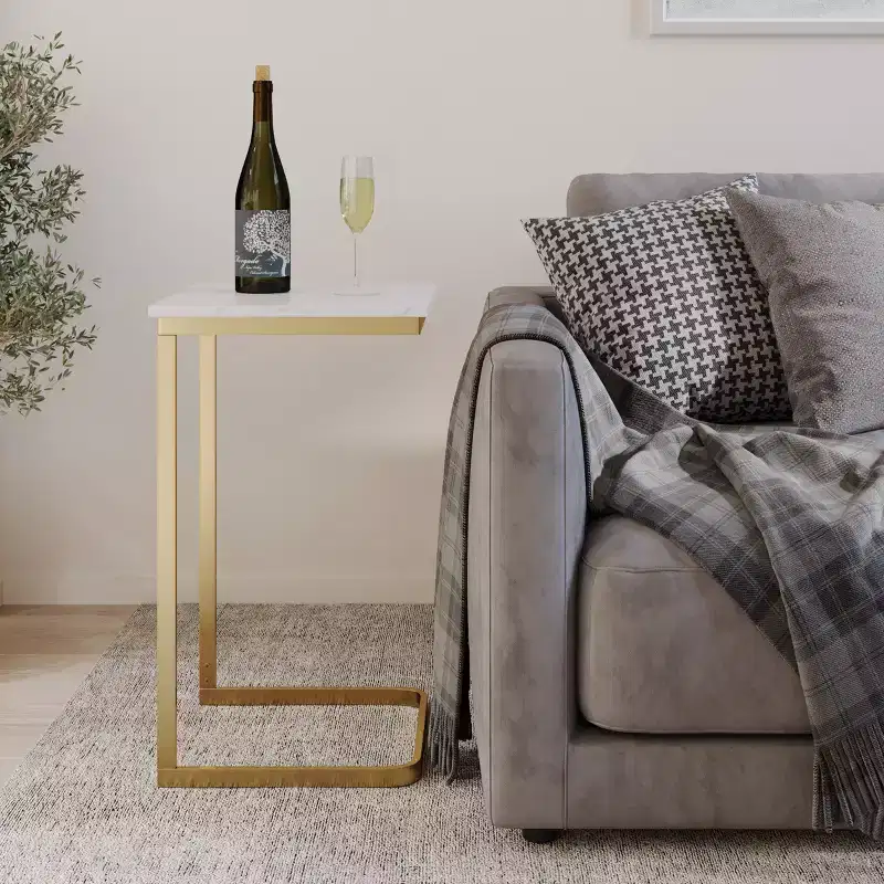 C-Shaped End Table Real Marble Top with Gold Iron Frame