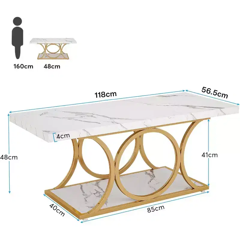 46.45-Inch Modern 2-Tier Coffee Table with Faux Marble Top, Geometric Legs, Storage Shelf for Living Room (White & Gold)