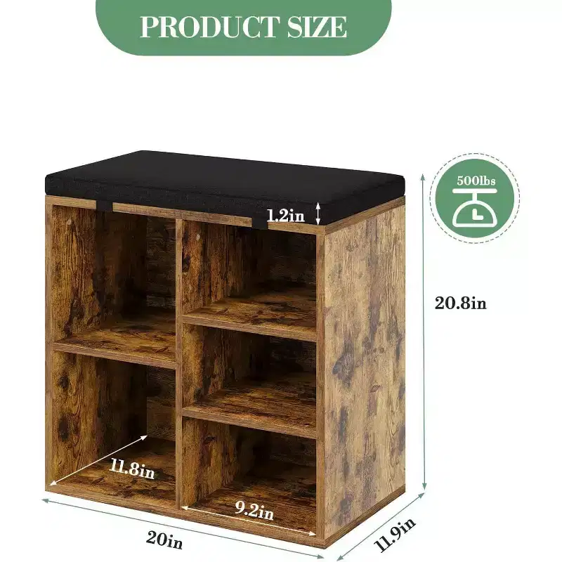 Shoe Bench with Padded Seat, Shoe Storage Bench w/Adjustable Shelves & Side Pockets, 5 Cubes Storage Organizer for Entryway, Porch, Mudroom