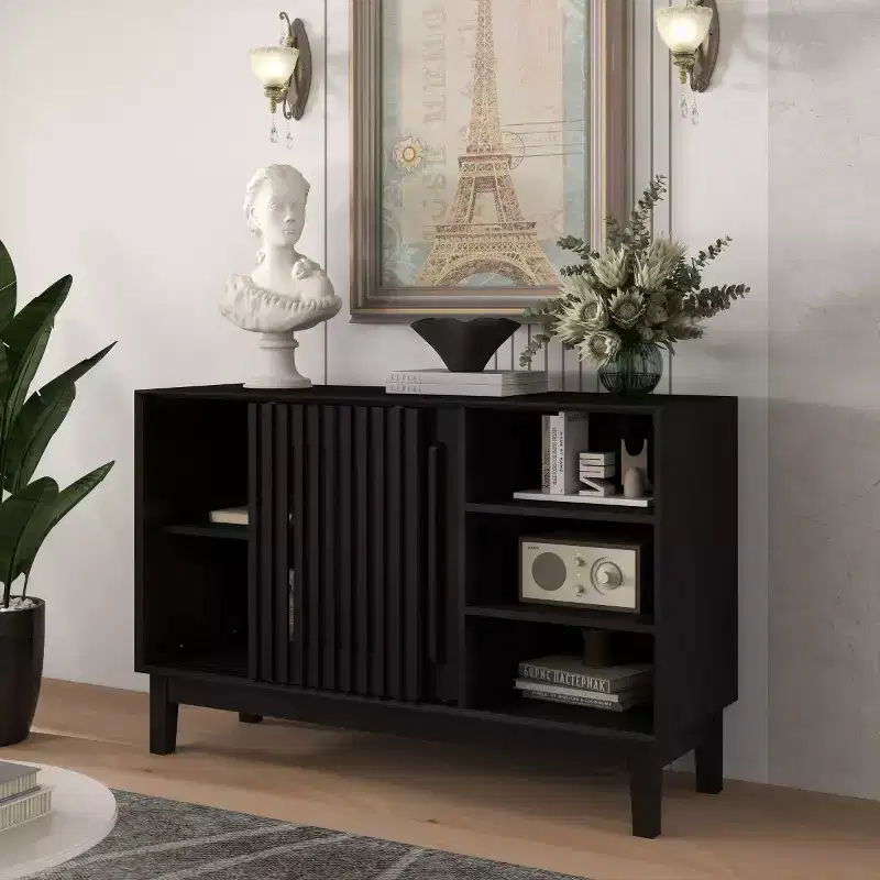 47 Mid-Century Modern Sideboard & TV Stand, Buffet Storage Cabinet with Sliding Slat Door, Solid Wood Legs - Panipeachy