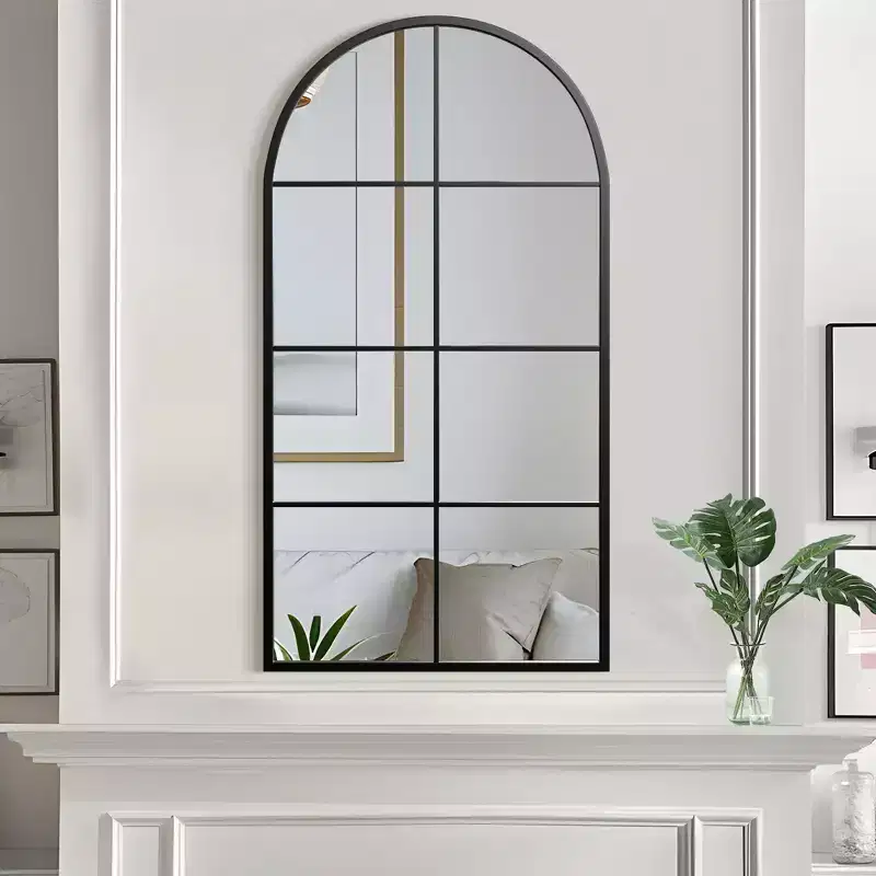 55 In.H X 28 In.W Iron Right Angled Arched Black Window Frame With Hanging Mirror