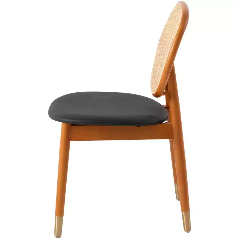 LeisureMod Holbeck Wicker Dining Chair with Upholstered Leather Seat and Beech Wood Legs, Set of 4