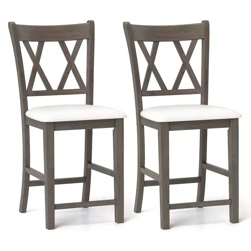 2PCS Bar Stools 24 Counter Height Stools w/ Linen Fabric Upholstered Seat Gray