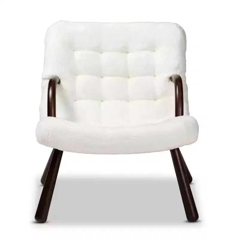 Eisa Faux Shearling Upholstered and Wood Accent Chair White/Walnut Brown - Baxton Studio