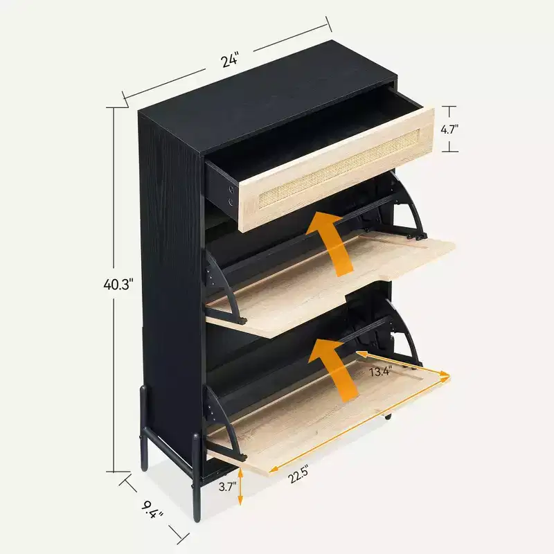 Natural Rattan Shoe Cabinet, 2 Flip Door Shoe Rack with Drawer, Freestanding Shoe Organizer with Adjustable Shelf for Hallway, Entryway