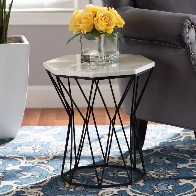 Venedict Metal End Table with Marble Tabletop Black - Rectangle Side Table for Living Room, No Assembly Required