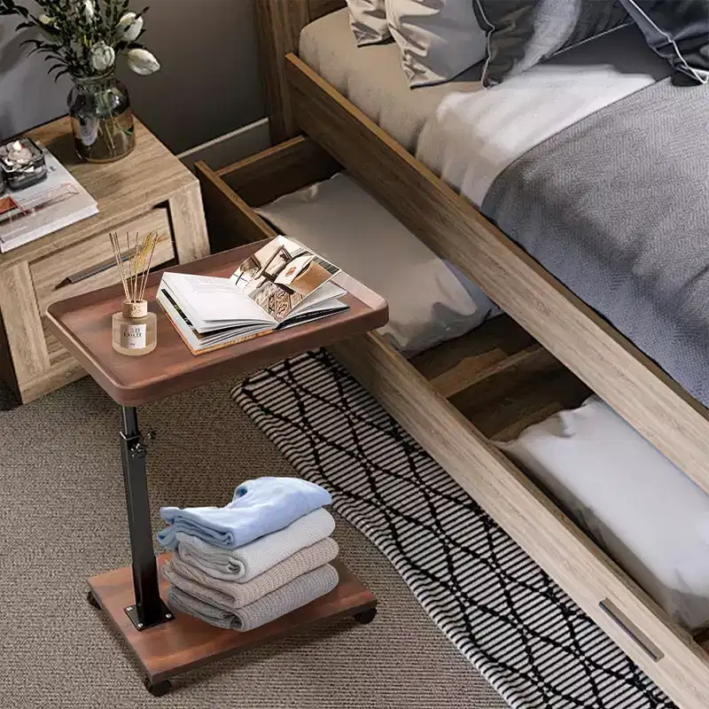 Adjustable End Table with Wheels - 360 degrees Swivel C-Shaped Side Table for Couch (Wood Top)