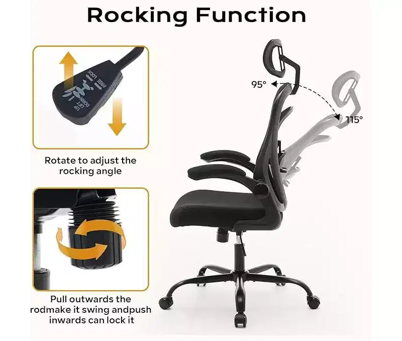 Ergonomic High-Back Mesh Office Chair  Turn-Up Armrests, Headrest, Wheels  300 lbs Capacity, Swivel Executive Computer Desk Chair