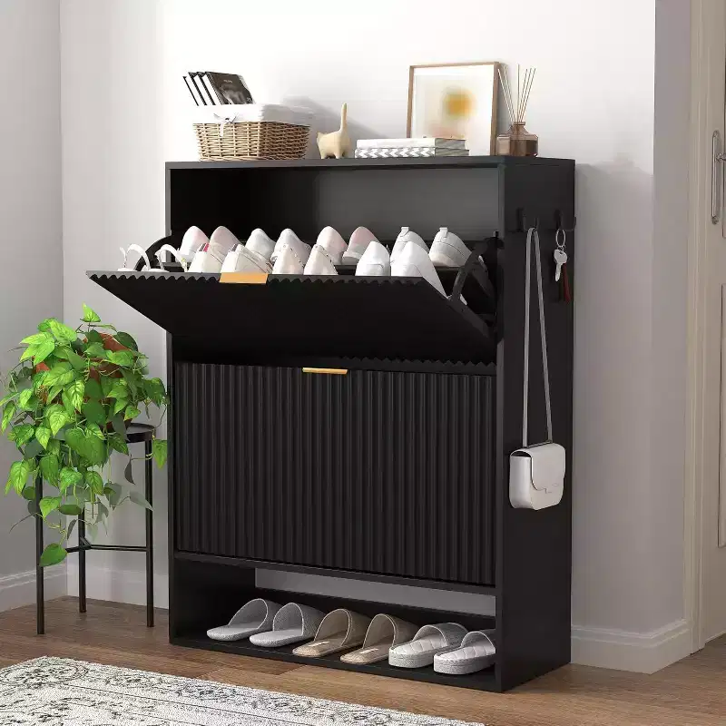 Shoe Storage Cabinet With 2 Flip Drawers, Freestanding Hidden Shoe Organizer with Bottom Open Shelf, Narrow Shoe Rack Cabinet For Hallway