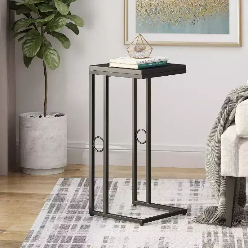 Modern Faux Wood and Iron C-Shaped Side Table for Living Room or Bedroom