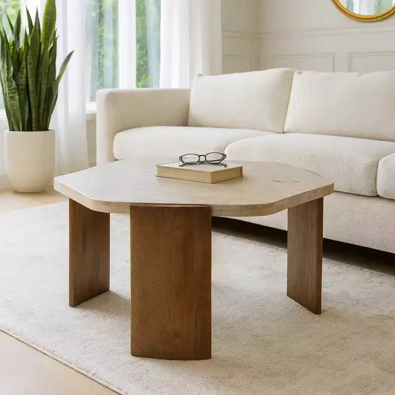 Coffee Table Sleek Octagon Design Stone & Mango Wood Modern Glam Style Home Office Bedroom Living Room Decor - 17 Brown