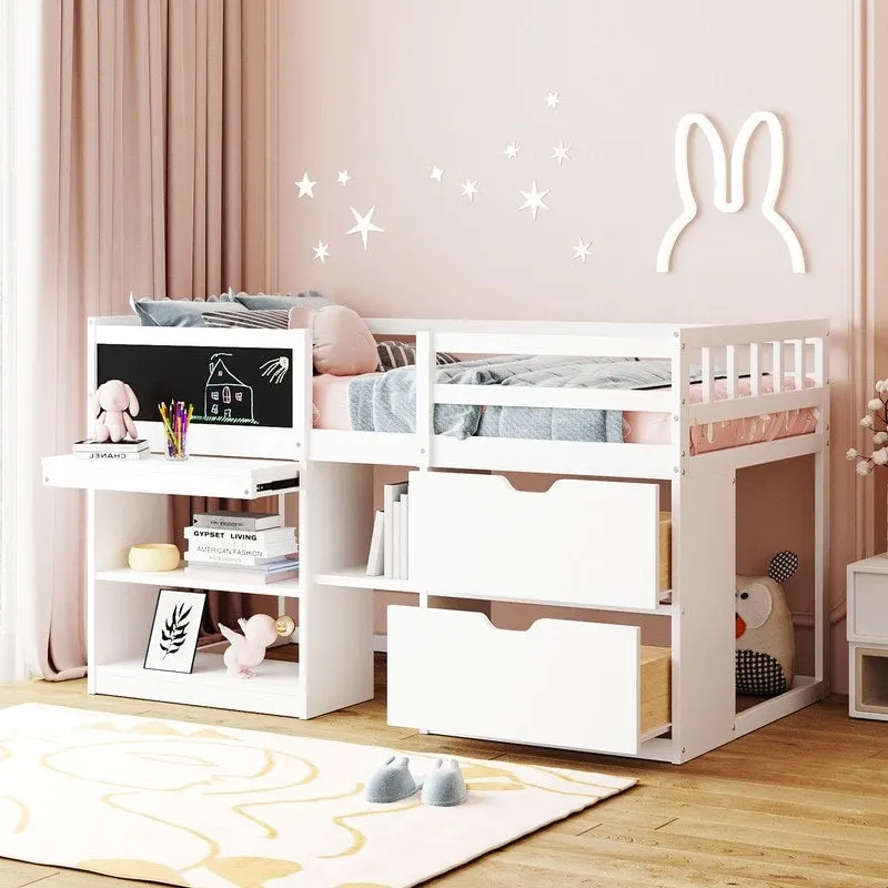 Twin Size Low Loft Bed with Rolling Desk and Storage Drawers