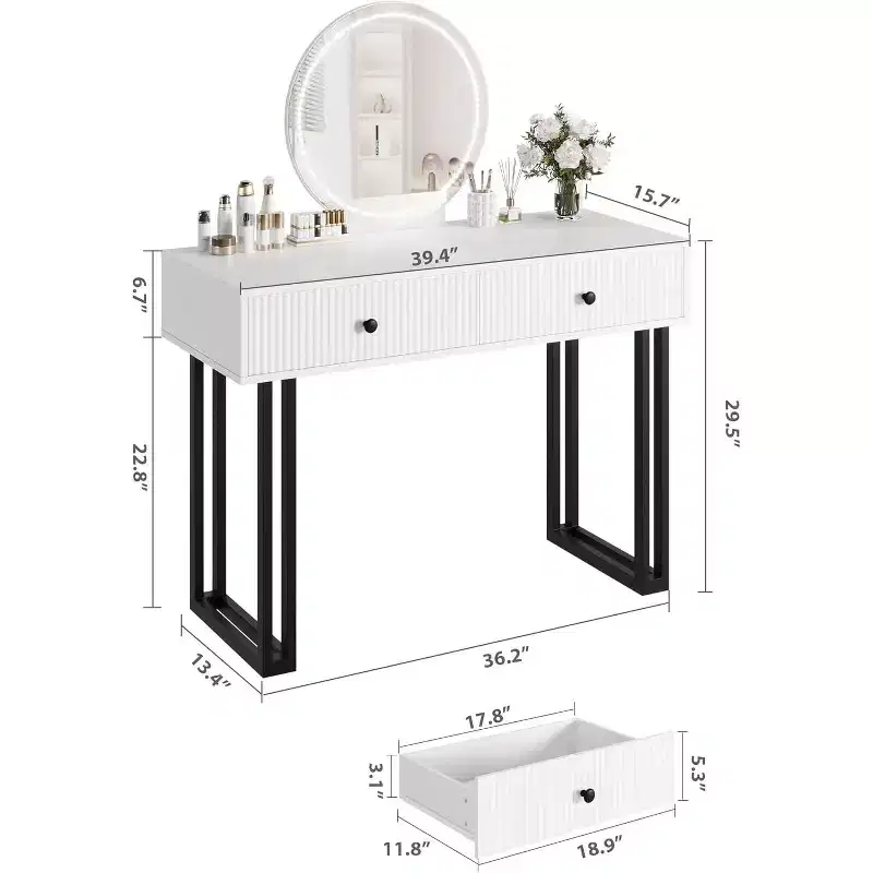 Vanity Desk with Mirror and Lights, 40 Inch Makeup Vanity with 3 Color Lights and Adjustable Brightness