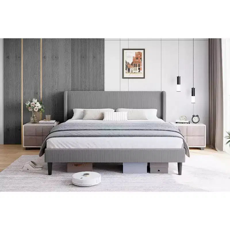 Upholstered King Bed Frame, Velvet Platform Bed with Wingback Headboard, Wood Slats Support, No Box Spring Needed, Light Grey